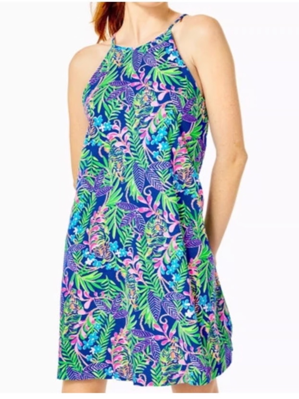 Lilly Pulitzer NWT Blue Tropical Print Mini Dress with Pink & Green Accents